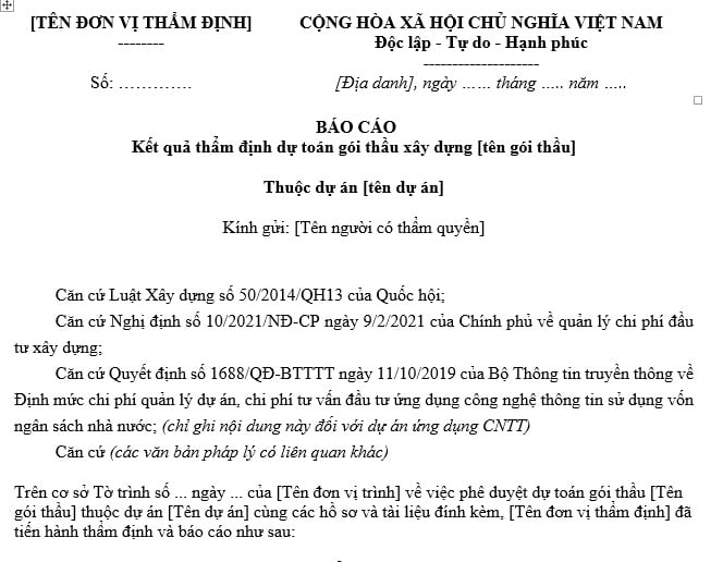 mẫu báo cáo kết quan thẩm định dự toán gói thầu xây dựng