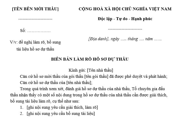 mẫu biên bản hs làm rõ hồ sơ dự thầu