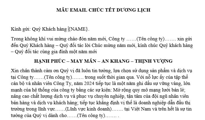 mẫu email chúc tết dương lịch