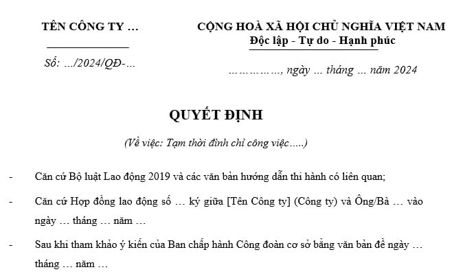 quyết định tạm đình chỉ công việc