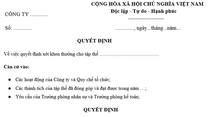 thông báo khen thưởng cuối năm