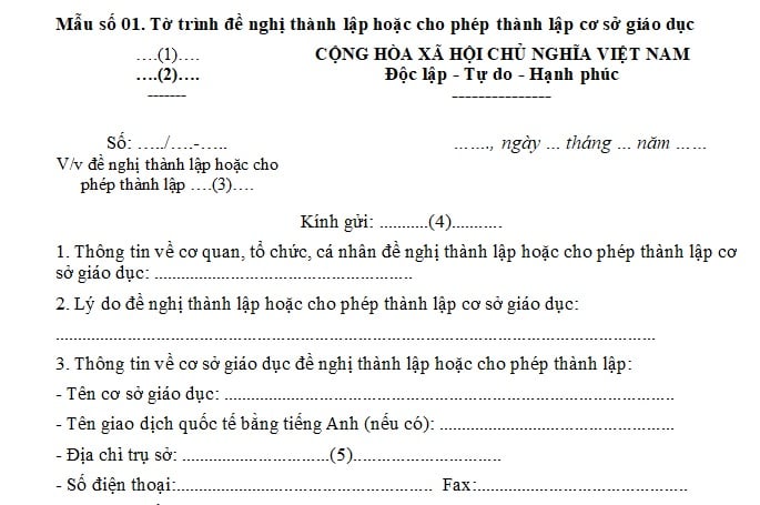 mẫu tờ trình đề nghị thành lập trường trung học công lập