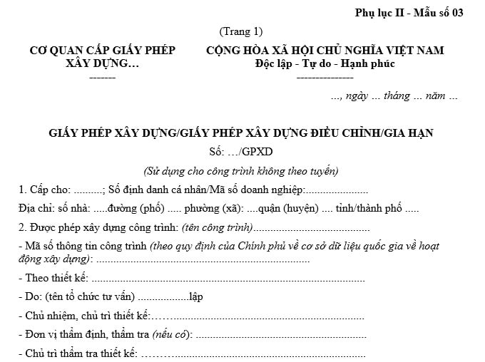 mẫu giấy phép xây dựng đối với công trình không theo tuyến