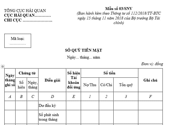 mẫu sổ tiền mặt áp dụng với hàng hóa xuất khẩu nhập khẩu