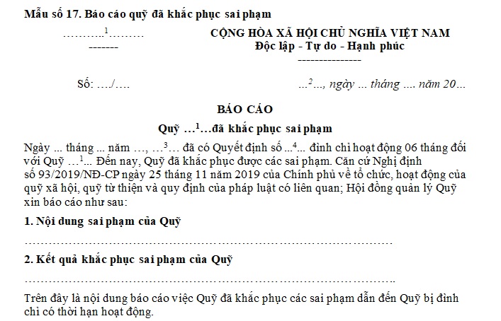 báo cáo quỹ đã khắc phục sai phạm