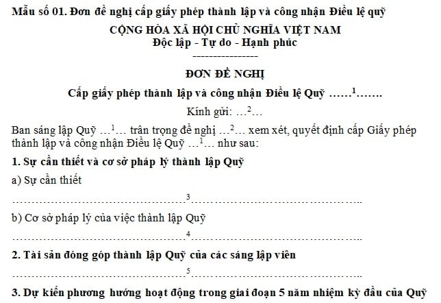 mẫu đơn đề nghị cấp giấy phép thành lập và công nhận điều lệ quỹ từ thiện