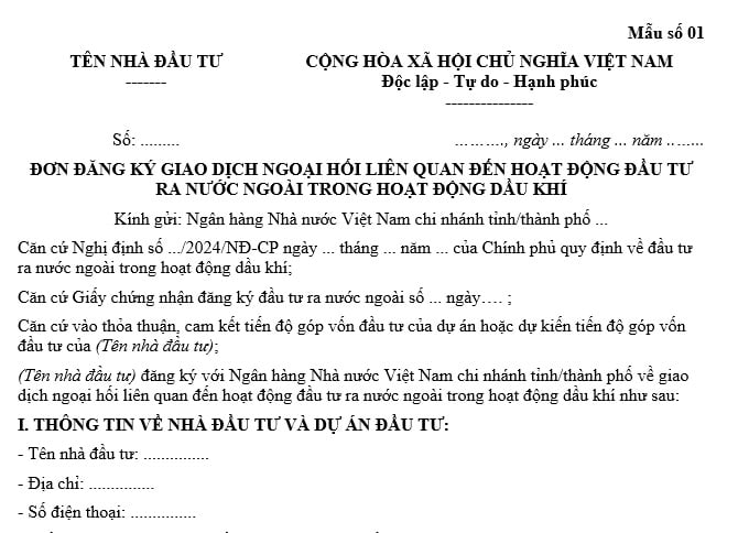 mẫu đơn đăng ký giao dịch ngoại hối liên quan đến hoạt động đầu tư ra nước ngoài trong hoạt động dầu khí