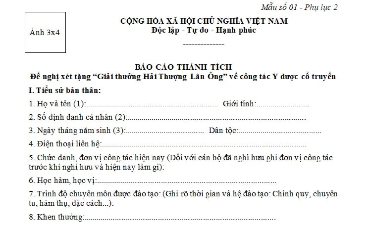 mẫu báo cáo thành tích đề nghị xét tặng giải thưởng Hải thượng lãn ông