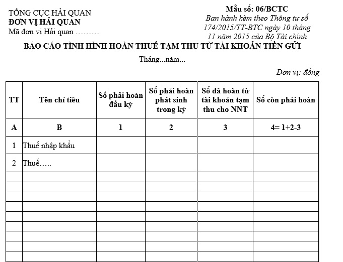 mẫu báo cáo tình hình hoàn thuế tạm thu