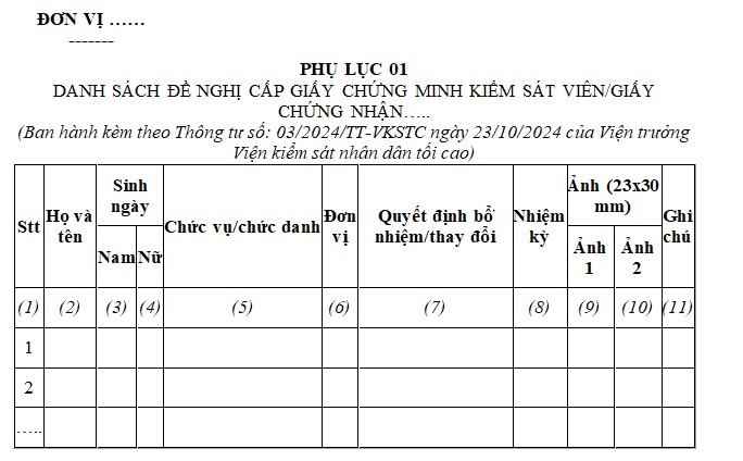 mẫu danh sách đề nghị cấp mới giấy chứng minh kiểm sát viên