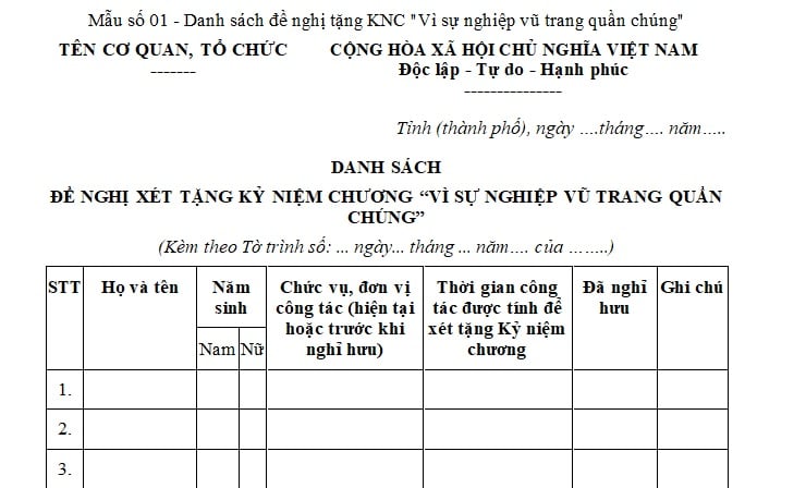 mẫu danh sách đề nghị tặng kỷ niệm chương vì sự nghiệp vũ trang quần chúng