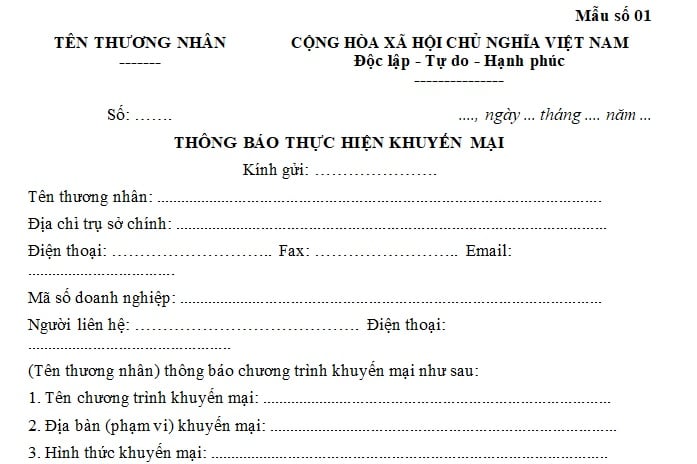 mẫu thông báo thực hiện chương trình khuyến mại