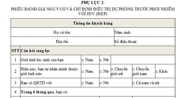 mẫu phiếu đánh giá nguy cơ và chỉ định dự phòng trước phơi nhiễm với hiv