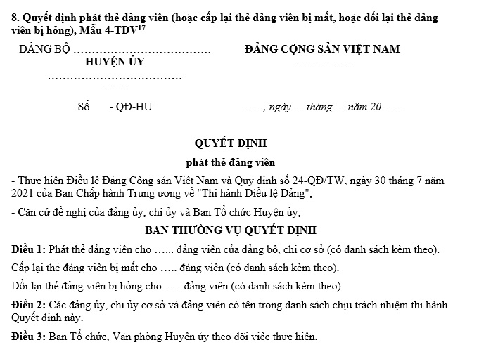 quyết định cấp lại thẻ đảng viên bị mất, đổi lại thẻ đảng viên bị hỏng