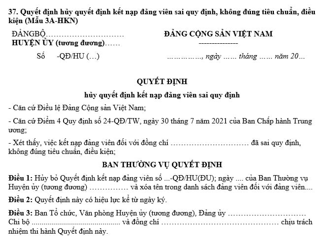 quyết định hủy quyết định kết nạp đảng viên sai quy định