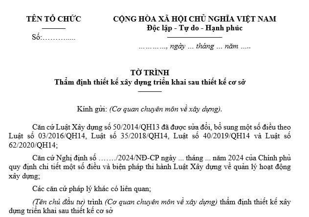 mẫu tờ trình thẩm định thiết kế xây dựng