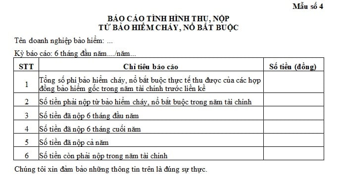 báo cáo tình hình thu nộp từ bảo hiểm cháy nổ