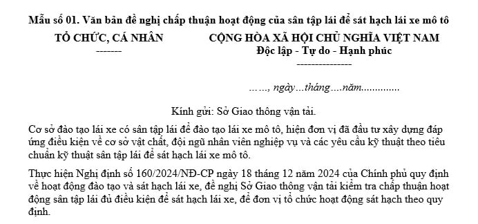 văn bản đề nghị chấp thuận hoạt động của sân tập lái để sát hạch lái xe mô tô