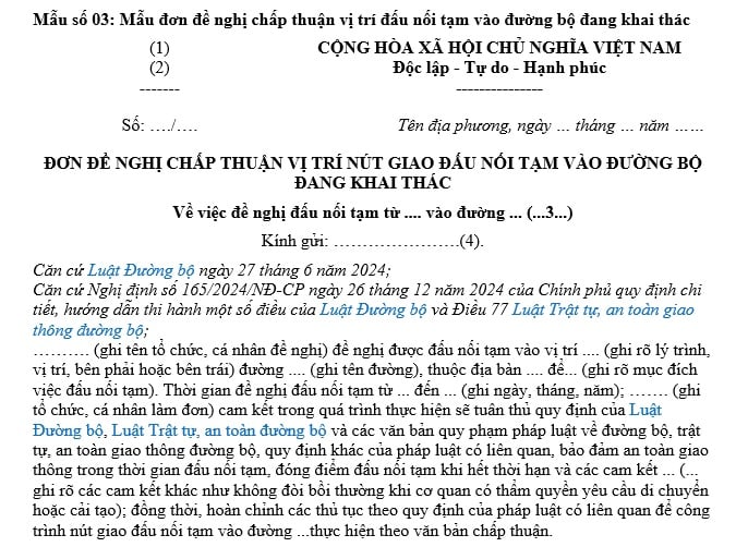 Mẫu đơn đề nghị chấp thuận vị trí đấu nối tạm vào đường bộ đang khai thác