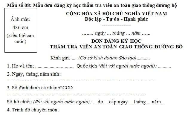 đơn đk học thẩm tra viên an toàn giao thông