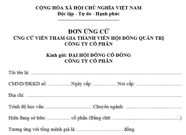 mẫu đơn ứng cử thành viên hội đồng quản trị