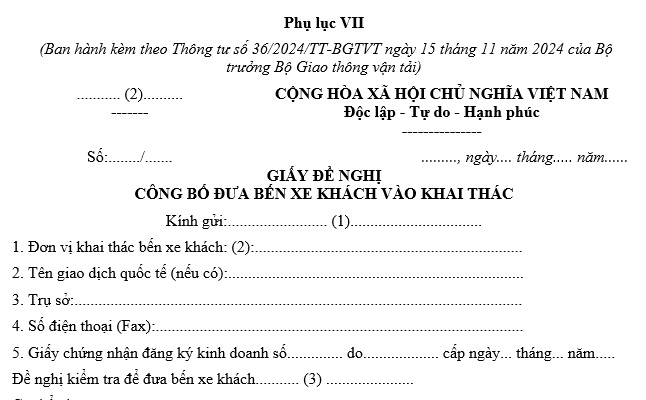 Mẫu giấy đề nghị công bố đưa bến xe khách vào khai thác mới nhất hiện nay là mẫu nào theo Thông tư 36?