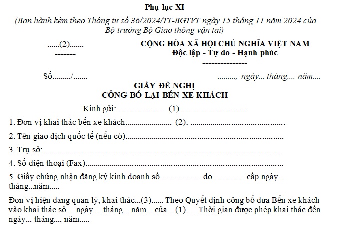 giấy đề nghị công bố lại bến xe khách