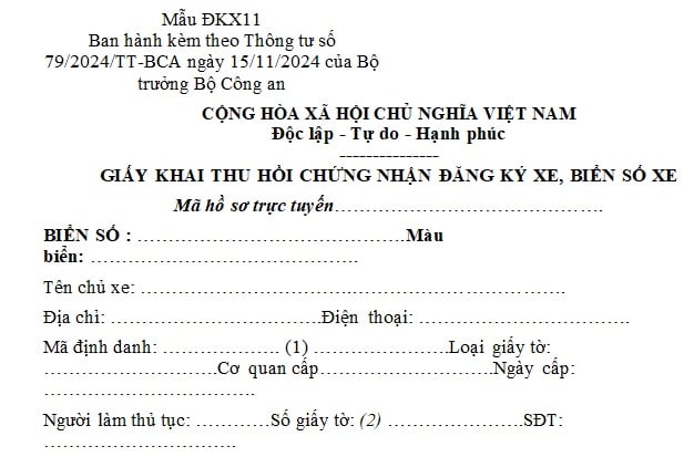 mẫu giấy khai thu hồi đăng ký sang tên xe