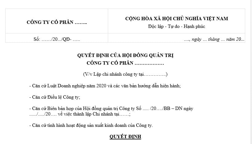 quyết định thành lập chi nhánh