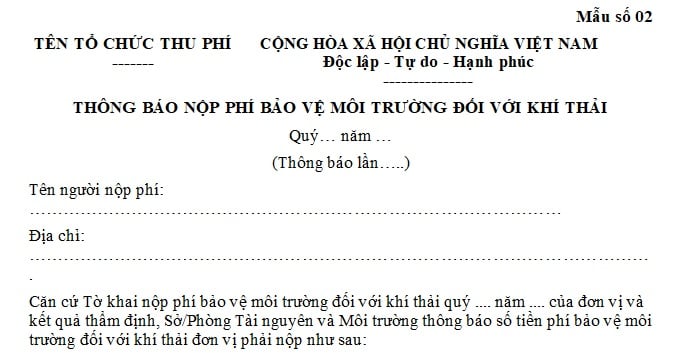 mẫu thông báo nộp phí bảo vệ môi trường