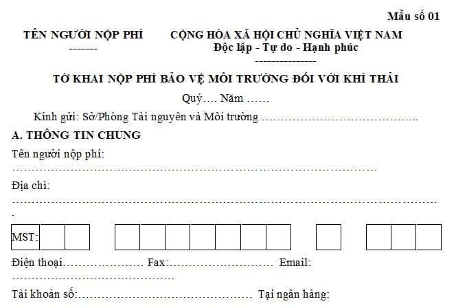 tờ khai nộp phí bảo vệ môi trường