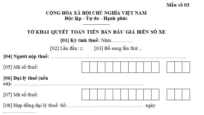 tờ khai quyết toán tiền đấu giá biển số xe