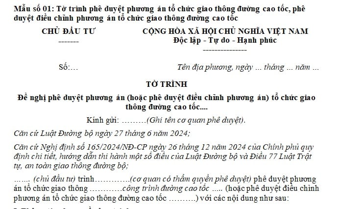 tờ trình phê duyệt phương án tổ chức đường cao tốc