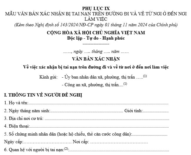 mẫu văn bản xác nhận người lao động bị tai nạn khi tham gia giao thông