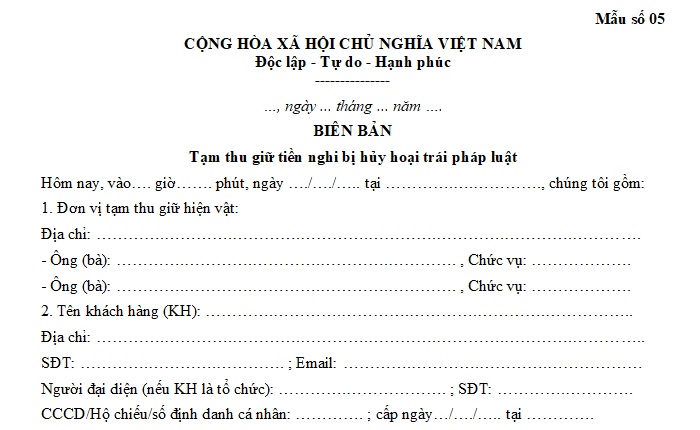 biên bản tạm thu giữ tiền nghi bị hủy hoại trái pháp luật