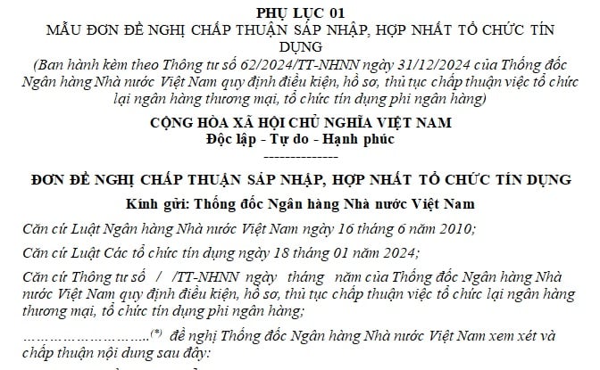 đơn đề nghị chấp thuận sáp nhập hợp nhất tổ chức tín dụng