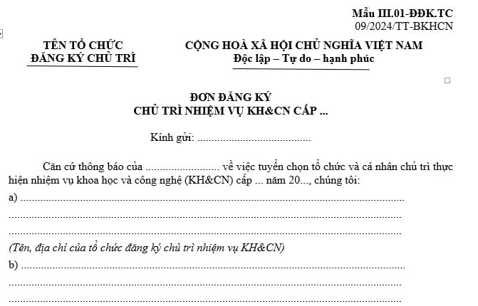 đơn đăng ký chủ trì nhiệm vụ khoa học và công nghệ