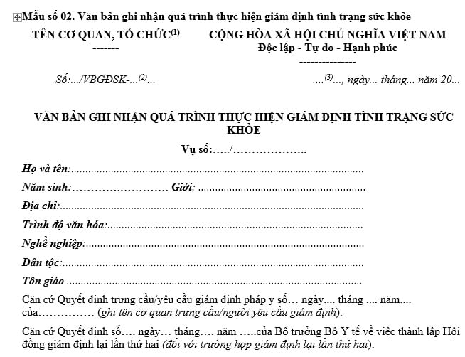 mẫu văn bản ghi nhận quá trình thực hiện giám định tình trạng sk