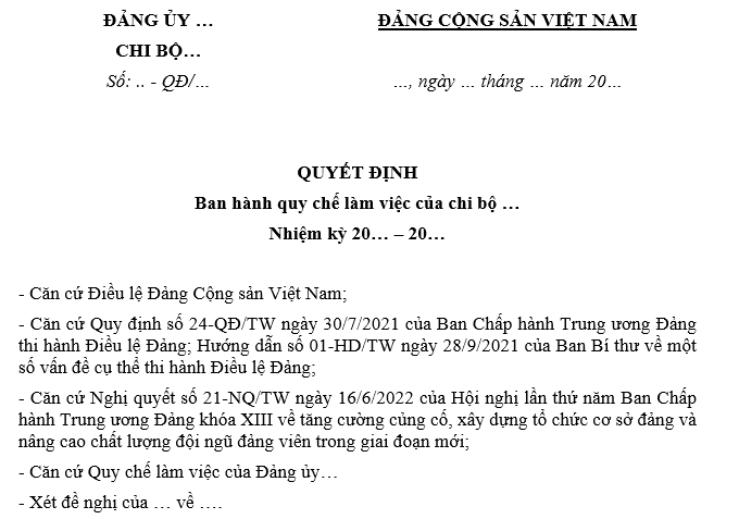 Mẫu quyết định ban hành Quy chế làm việc của chi bộ