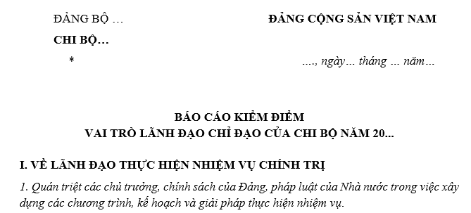 Mẫu Báo cáo kiểm điểm vai trò lãnh đạo chỉ đạo của chi bộ