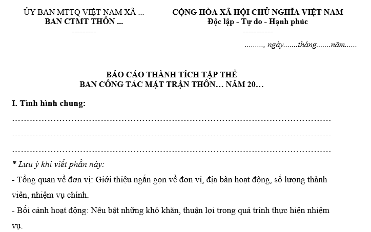 Báo cáo thành tích tập thể Ban công tác Mặt trận thôn