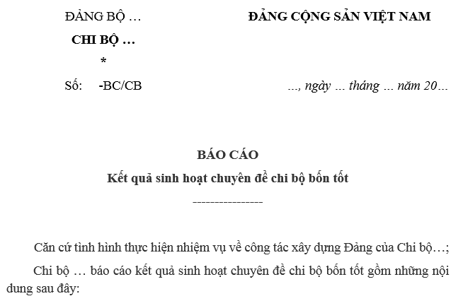 Mẫu Báo cáo sinh hoạt chuyên đề chi bộ 4 tốt mới nhất