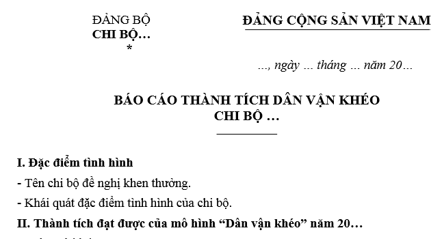 Mẫu báo cáo thành tích dân vận khéo của chi bộ