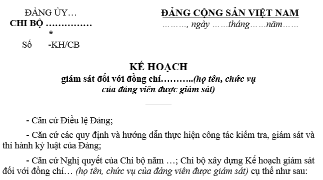 Mẫu kế hoạch kiểm tra giám sát đảng viên của chi bộ?