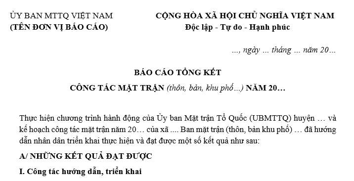 Mẫu báo cáo tổng kết công tác mặt trận thôn, bản, khu phố mới nhất