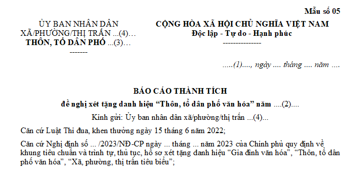 Mẫu Báo cáo thành tích Thôn, tổ dân phố văn hóa mới nhất