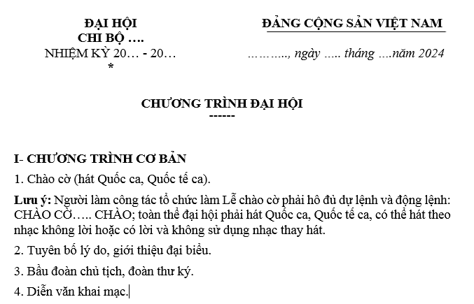 Mẫu Chương trình Đại hội chi bộ