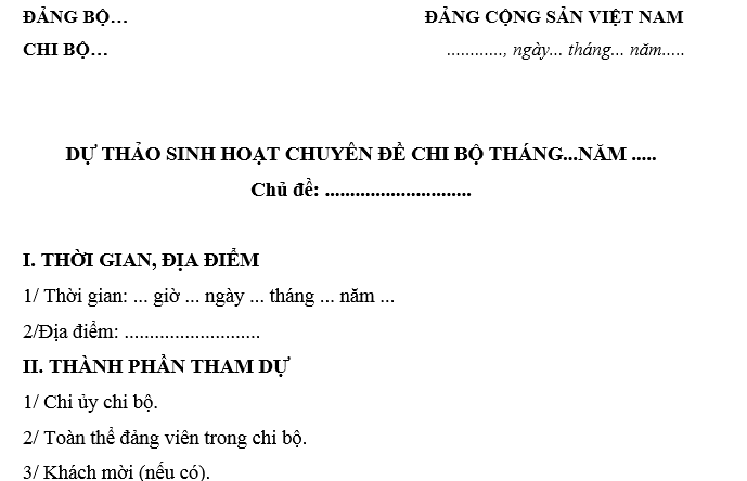 Mẫu dự thảo sinh hoạt chuyên đề chi bộ