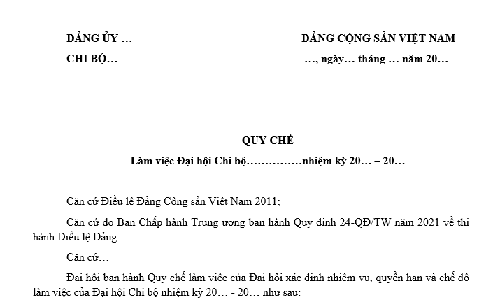 Mẫu Quy chế làm việc Đại hội chi bộ