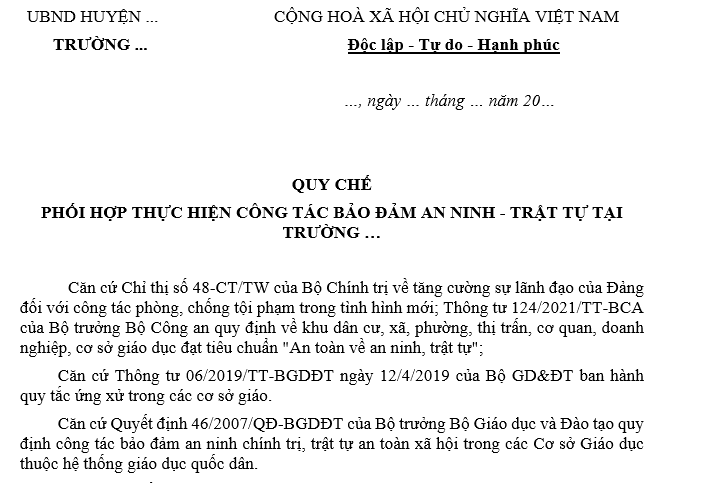 Mẫu Quy chế phối hợp đảm bảo an ninh trật tự trong trường học?